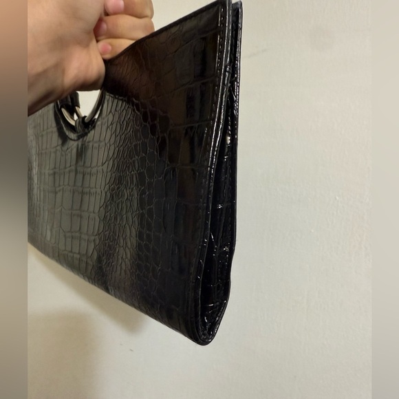 Giannini Black Crocodile-Embossed Clutch‎ with Silver Ring Handle - Picture 4 of 5